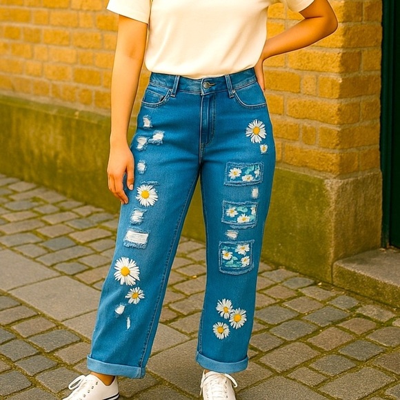 Denim - Distressed Daisy Boho Hippie Jeans Adorable 2X NWOT